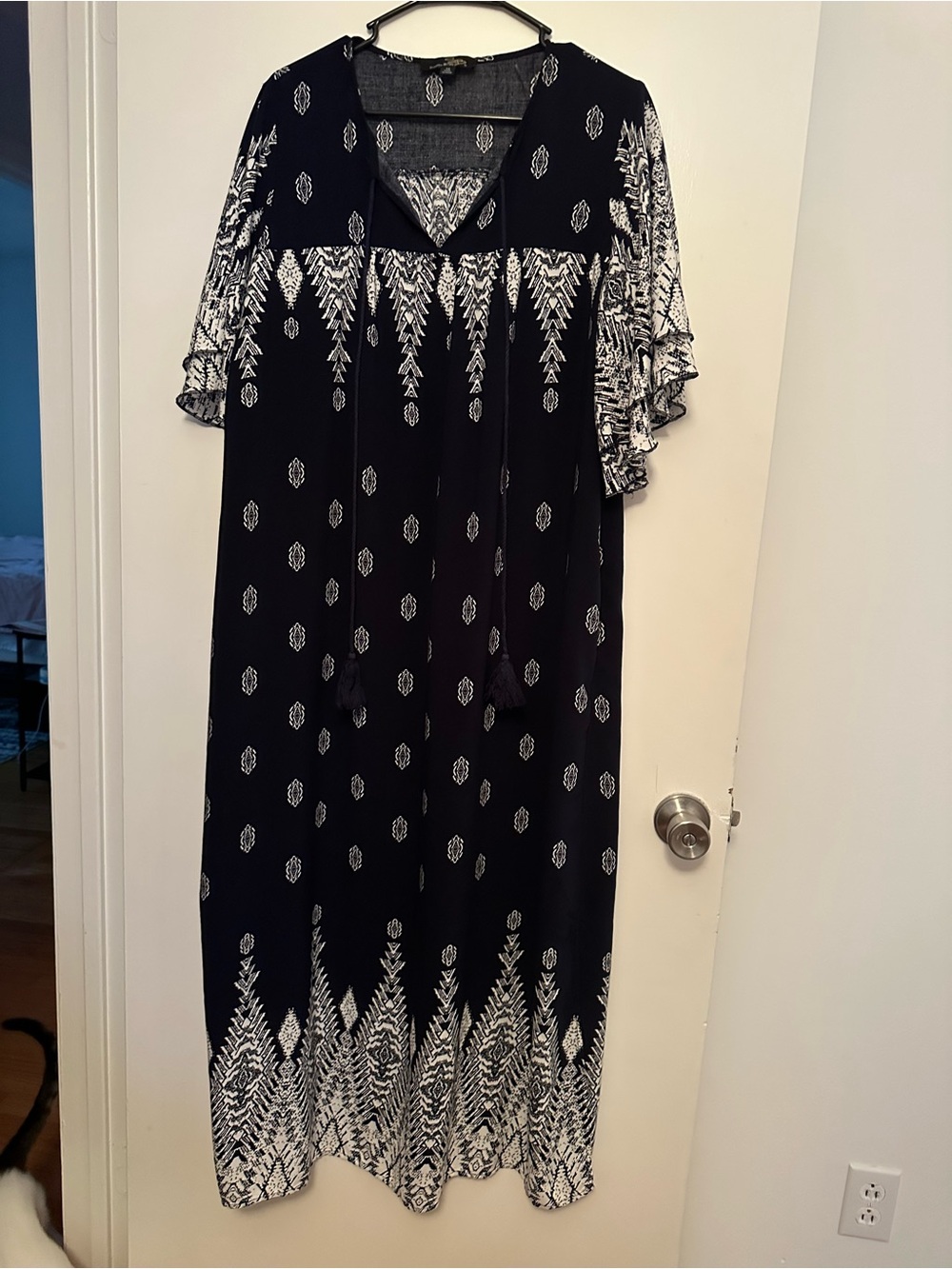 Suzanne Betro Navy and White Maxi Dress with Tie Neck